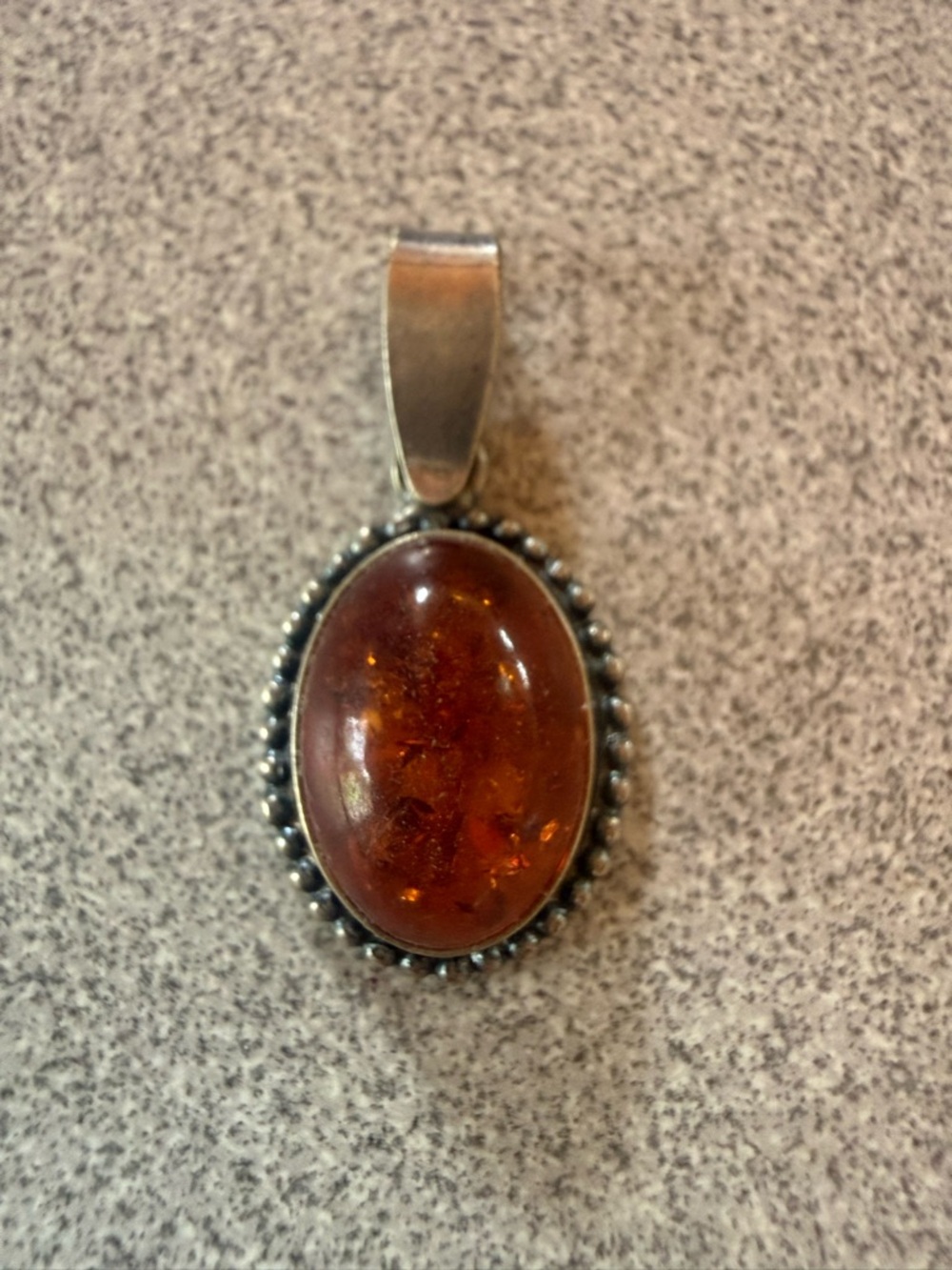 Sterling Silver Amber Oval Pendant - Brown Amber Necklace Charm